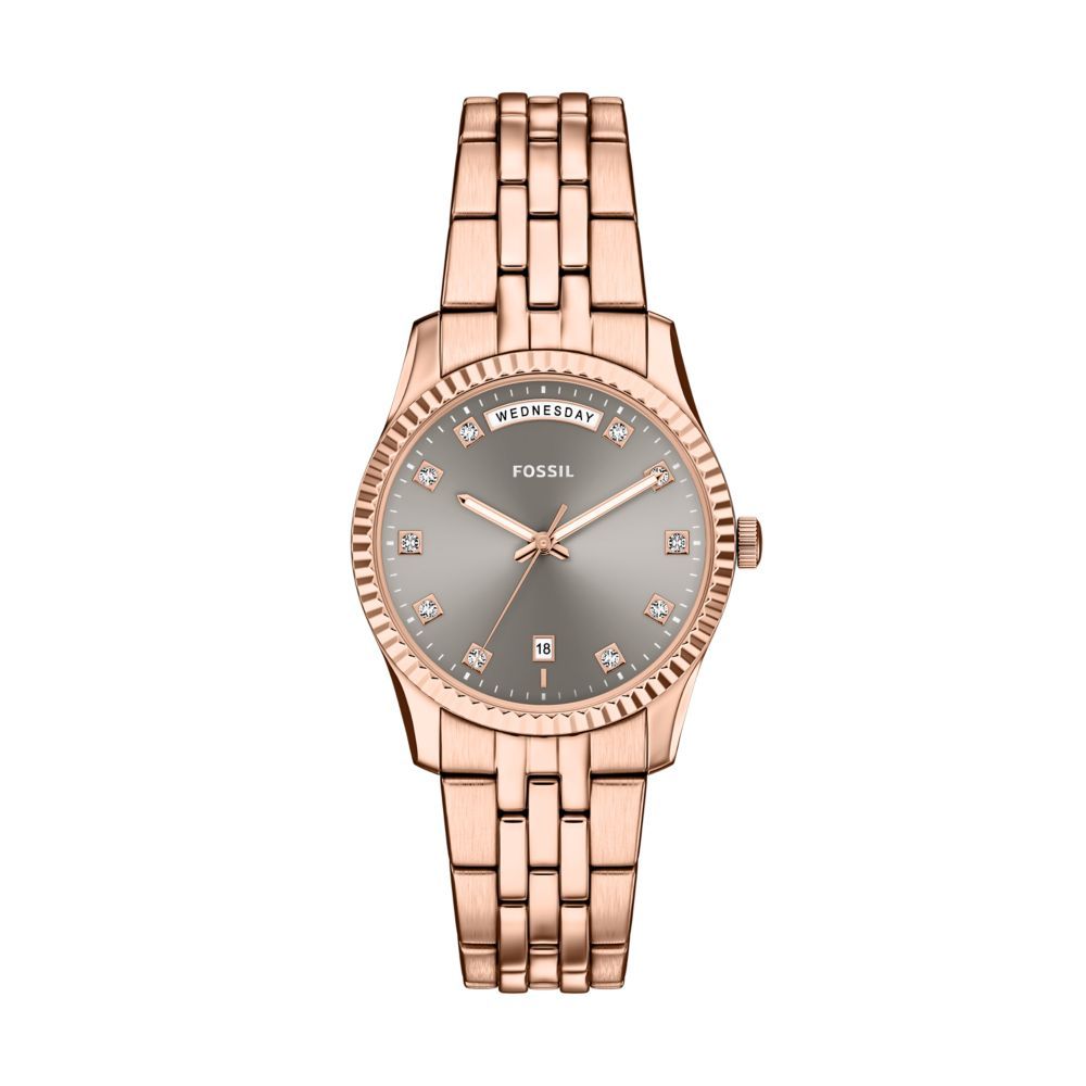 Fossil Scarlette Quartz Day-Date Grey Dial Rose Gold-Tone Stainless Steel Watch (ES5459)