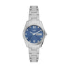 Fossil Scarlette ES5197 women's quartz watch with blue sunray dial, crystal hour markers, fluted bezel, day-date complication, and polished stainless steel integrated bracelet