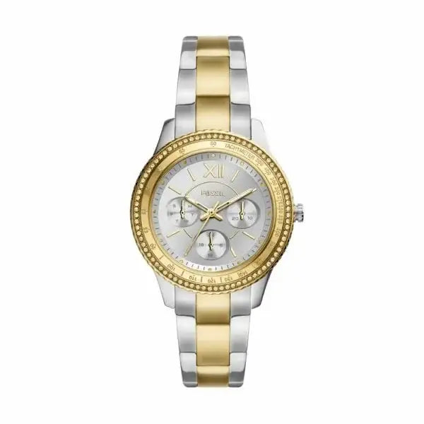 Fossil Stella Sport ES5107 quartz multifunction two-tone stainless steel watch with crystal bezel and silver dial