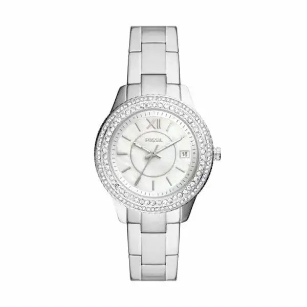 Fossil Stella ES5130 ladies quartz watch with white mother-of-pearl dial, crystal-set bezel, and polished stainless steel bracelet