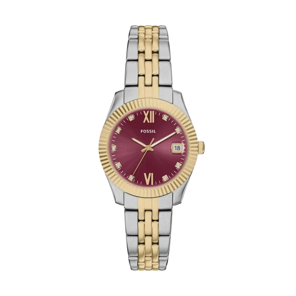 Fossil Scarlette ES5461 quartz watch with red burgundy gradient dial, two-tone stainless steel bracelet, fluted gold bezel, and date window at 3 o'clock