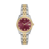 Fossil Scarlette ES5461 quartz watch with red burgundy gradient dial, two-tone stainless steel bracelet, fluted gold bezel, and date window at 3 o'clock