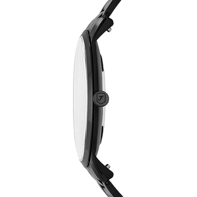 Close view of black dial with stick indices and blue seconds hand