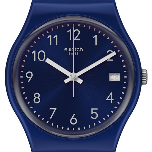 Swatch SILVER IN BLUE GN416 watch with blue dial and silicone strap