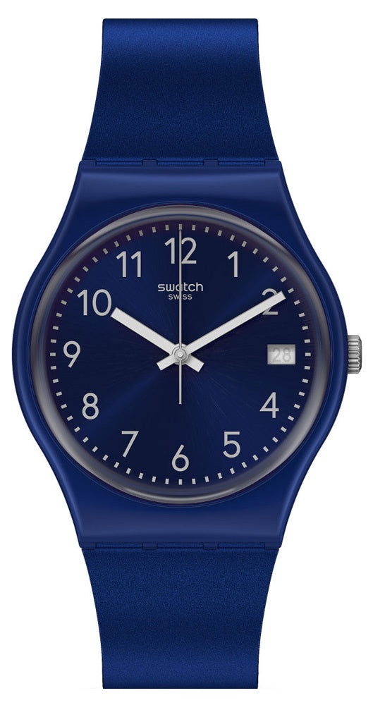 Swatch SILVER IN BLUE GN416 watch with blue dial and silicone strap