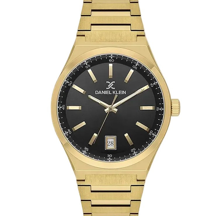 Daniel Klein DK114061-5 quartz watch with black dial and gold-tone integrated stainless steel bracelet on white background