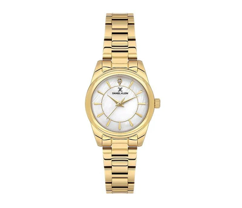 Daniel Klein DK113929-3 ladies quartz watch with white dial and gold-tone stainless steel bracelet
