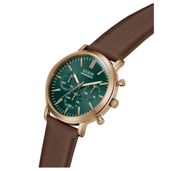 Guess Chronograph Quartz Green Dial Rose Gold Tone Leather Watch (GW1154G5)