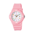 Casio LRW-200H pink quartz sports watch with white multicolour dial, rotating bezel, and resin strap, 100m water resistant