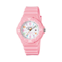 Casio LRW-200H pink quartz sports watch with white multicolour dial, rotating bezel, and resin strap, 100m water resistant