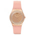 Swatch Pink Confusion YLG140 quartz watch with rose gold crystal-set bezel, glitter dial, and pink silicone strap