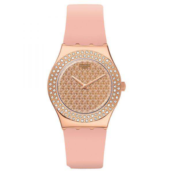 Swatch Pink Confusion YLG140 quartz watch with rose gold crystal-set bezel, glitter dial, and pink silicone strap