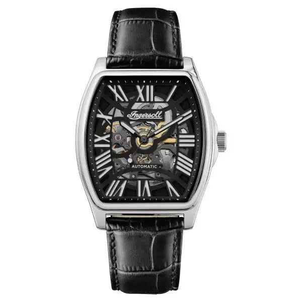 Ingersoll California I14202 automatic skeleton dial watch with tonneau stainless steel case and black leather strap