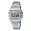 Casio A158WEA-7DF vintage digital watch with silver stainless steel case and integrated bracelet on white background