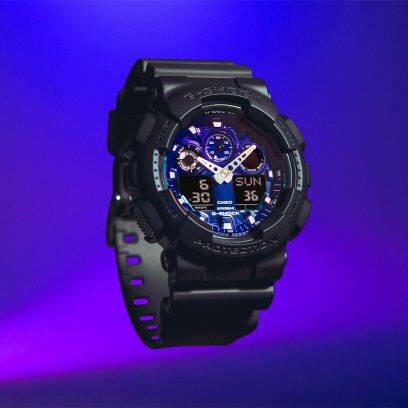 Casio G-Shock GA-100FL-1A Quartz Chronograph Blue Dial Black Resin Watch (GA-100FL-1ADR)