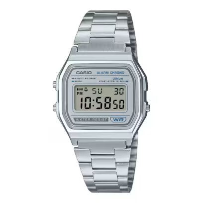 Casio A158WEA-7DF vintage digital watch with silver stainless steel case and integrated bracelet on white background