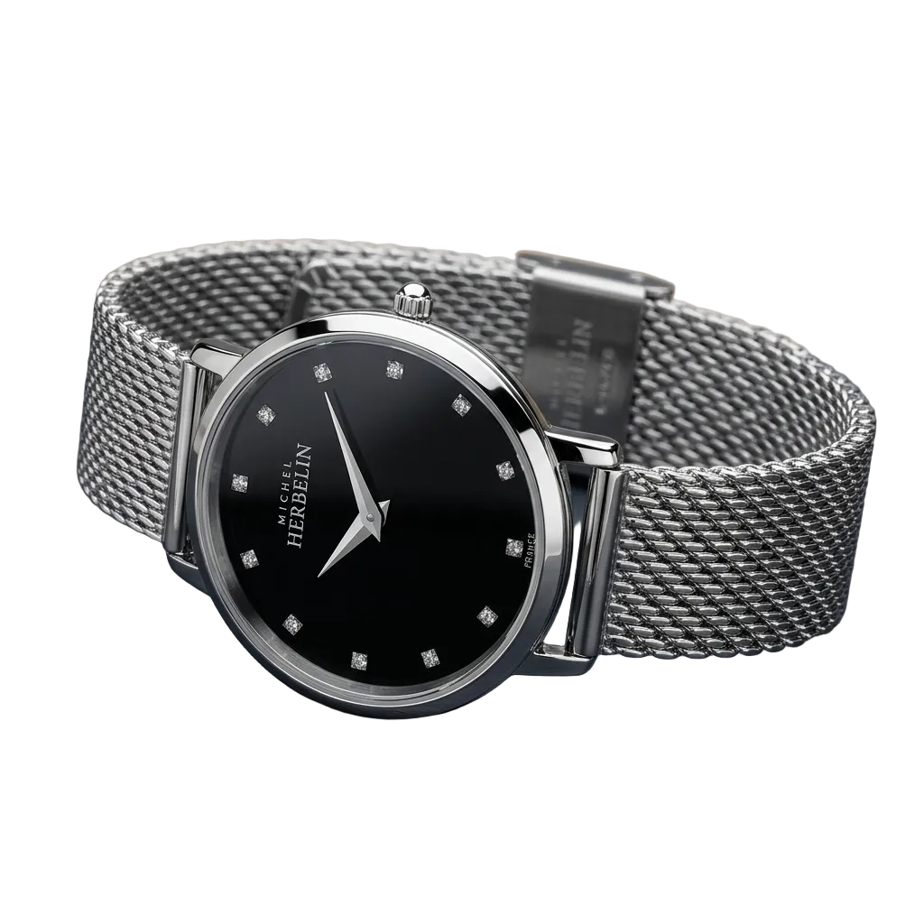Silver watch with black dial on a dark surface
