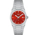 Tissot PRX 40mm watch front view showing red sunburst dial and steel bezel