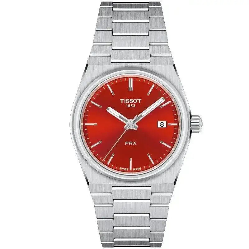 Tissot PRX 40mm red sunburst dial with applied baton indices and date window