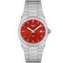 Tissot PRX 40mm watch front view showing red sunburst dial and steel bezel