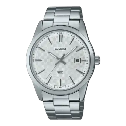 Casio MTP-VD03D-7AUDF quartz watch with white textured dial, silver baton indices, date window, and stainless steel bracelet on white background
