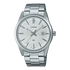 Casio MTP-VD03D-7AUDF quartz watch with white textured dial, silver baton indices, date window, and stainless steel bracelet on white background