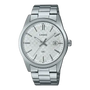 Casio MTP-VD03D-7AUDF quartz watch with white textured dial, silver baton indices, date window, and stainless steel bracelet on white background