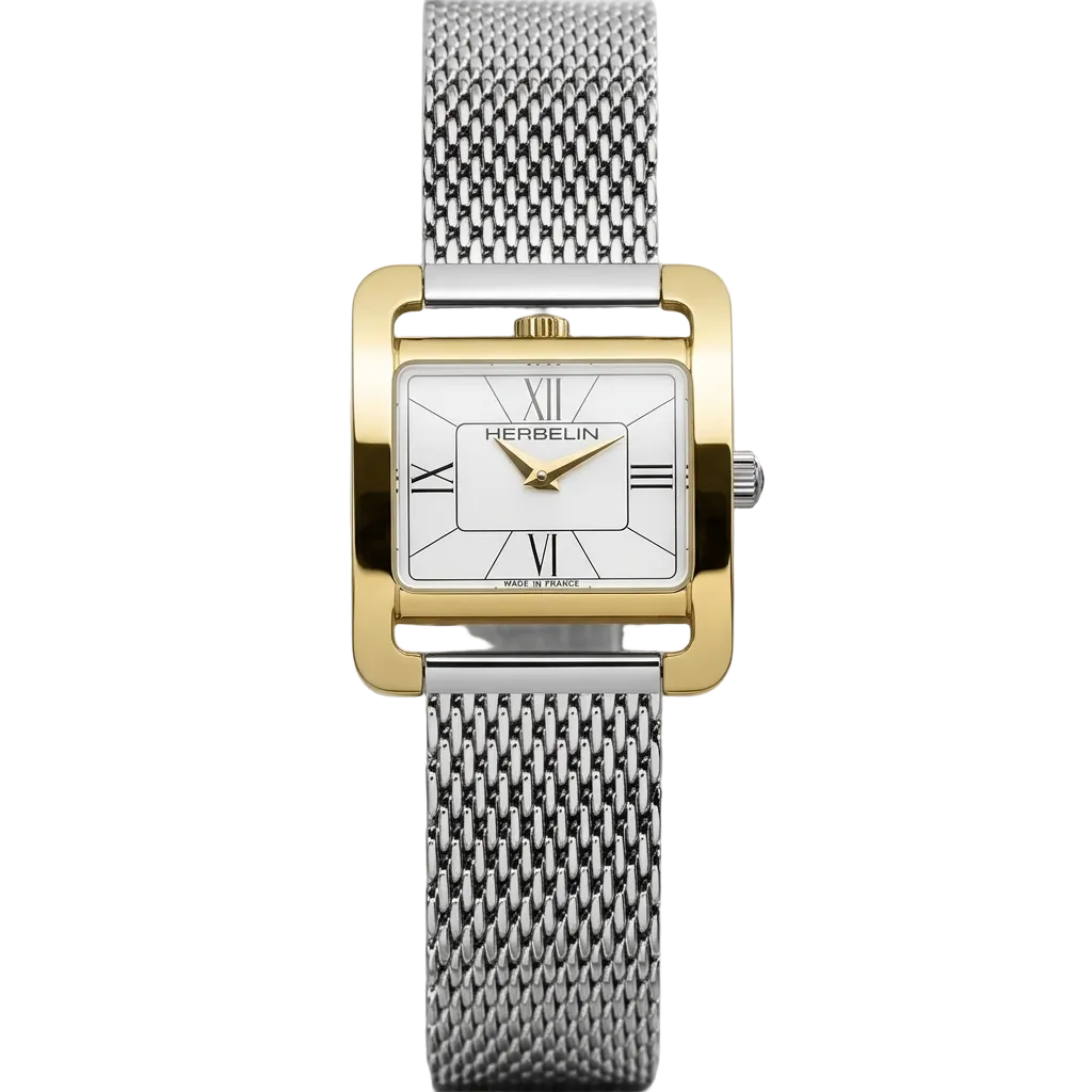 Michel Herbelin 5th Avenue 17137P08B two-tone quartz watch with gold PVD rectangular case, silver dial with Roman numerals, and stainless steel Milanese mesh bracelet