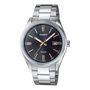 Casio MTP-1302D-1A2VDF quartz watch with blue sunray dial, gold-tone indices, coin-edge bezel, and stainless steel three-link bracelet
