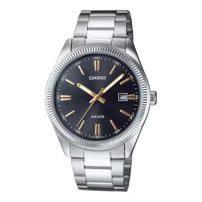 Casio MTP-1302D-1A2VDF quartz watch with blue sunray dial, gold-tone indices, coin-edge bezel, and stainless steel three-link bracelet
