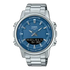 Casio Anadigi AMW-880D-2A1VDF quartz watch with gradient blue dial, LED illuminator, digital display, and polished stainless steel bracelet