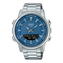 Casio Anadigi AMW-880D-2A1VDF quartz watch with gradient blue dial, LED illuminator, digital display, and polished stainless steel bracelet