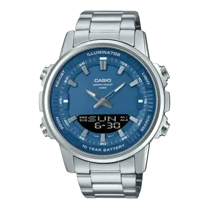 Casio Anadigi AMW-880D-2A1VDF quartz watch with gradient blue dial, LED illuminator, digital display, and polished stainless steel bracelet