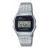 Casio A159W-N1DF retro digital quartz watch with black dial, LED display, chrome-plated resin case, and stainless steel multi-row bracelet