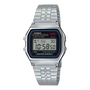 Casio A159W-N1DF retro digital quartz watch with black dial, LED display, chrome-plated resin case, and stainless steel multi-row bracelet