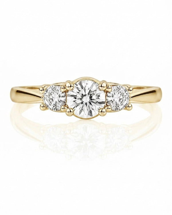 9ct yellow gold three stone engagement ring with 1.05ct lab grown round diamonds in claw setting