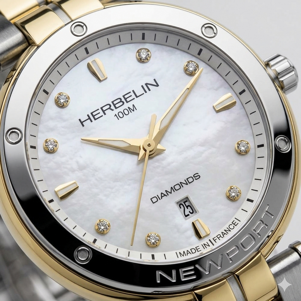 Newport – quartz date – steel and yellow gold PVD, mother-of-pearl & diamonds-14288BT89S - Cassim & Co South Africa