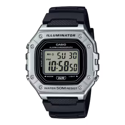 Casio W218HM-7AV quartz digital chronograph watch with silver resin case, black strap, and Illuminator LED backlight display