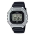 Casio W218HM-7AV quartz digital chronograph watch with silver resin case, black strap, and Illuminator LED backlight display