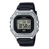 Casio W218HM-7AV quartz digital chronograph watch with silver resin case, black strap, and Illuminator LED backlight display