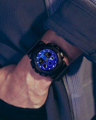 Casio G-Shock GA-100FL-1A Quartz Chronograph Blue Dial Black Resin Watch (GA-100FL-1ADR)