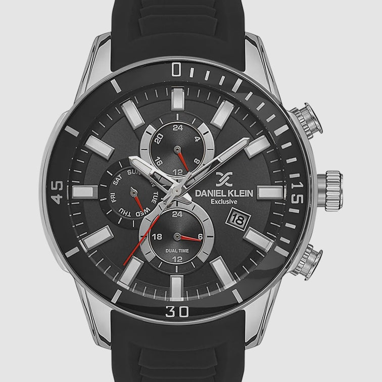 Daniel Klein Exclusive DK113313-6 men's chronograph watch with black dial, steel case, dual-time sub-dials, and black silicone strap