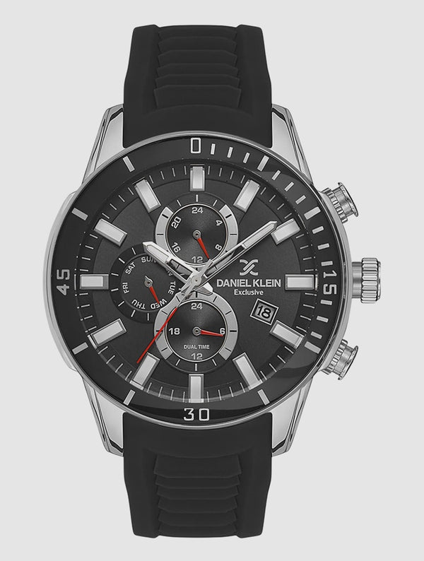 Daniel Klein Exclusive DK113313-6 men's chronograph watch with black dial, steel case, dual-time sub-dials, and black silicone strap