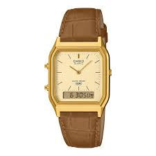 Casio Vintage AQ-230EGL-9A ana-digi watch with gold-tone rectangular case and brown leather strap