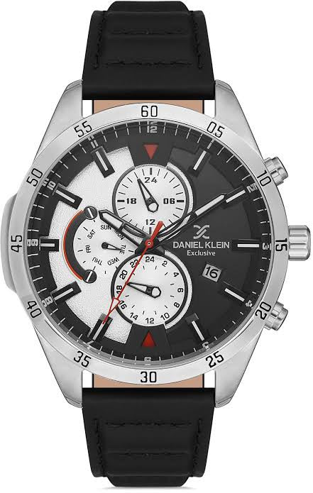 Daniel Klein Exclusive DK1129271 chronograph watch with black dial, stainless steel case, and black leather strap