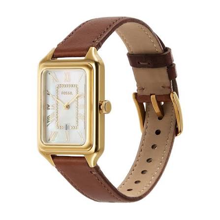 Fossil Raquel Quartz Date White Mother-of-Pearl Dial Gold-Tone Stainless Steel Rectangular Watch (ES5307)