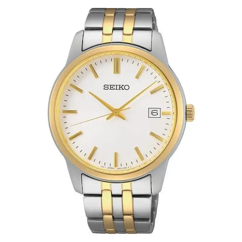 Seiko SUR402P1 front view showing white sunburst dial and gold-tone bezel