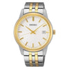 Seiko SUR402P1 Essentials quartz watch with white sunburst dial and two-tone stainless steel bracelet