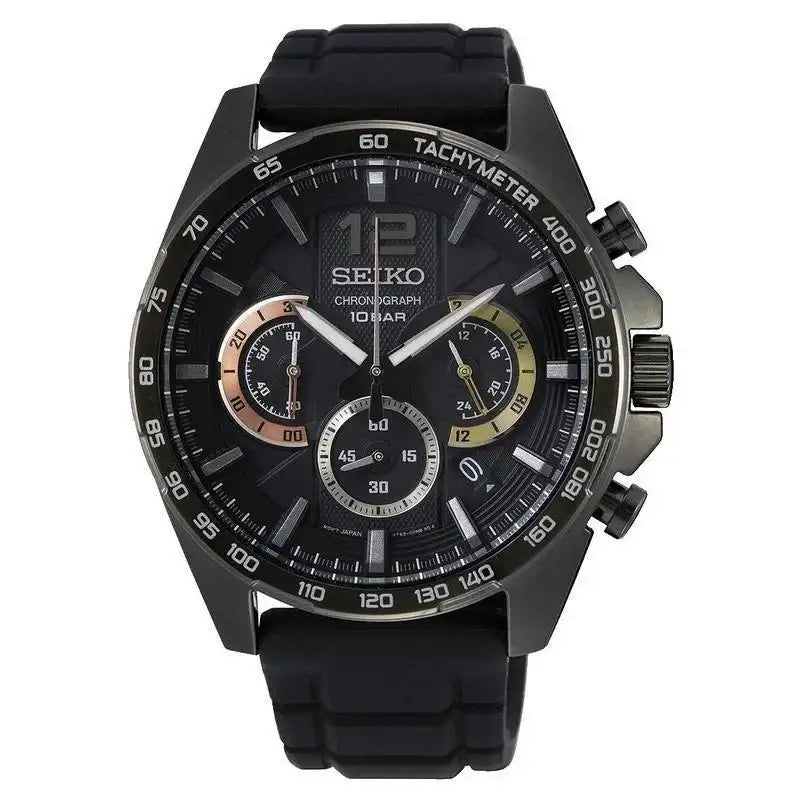 Seiko Chronograph Quartz Black Dial Black IP Stainless Steel Tachymeter Watch (SSB349P1)