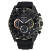 Seiko SSB349P1 chronograph quartz watch with black ion-plated case, black dial with three sub-dials, tachymeter bezel, and black silicone strap